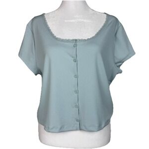New‎ Cotton Emporium Ribbed Crop Top Womens XL Button Up Lace Trim Neck Blue Y2K